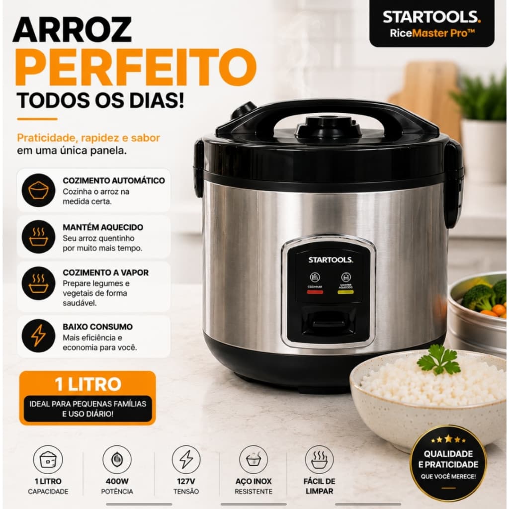 Panela de Arroz Elétrica 1 Litro 127V 400W Antiaderente Com Cozimento a Vapor Aço Inox RiceMaster Pro™