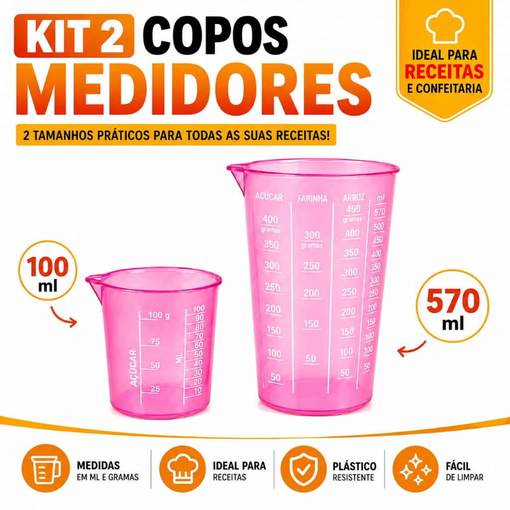 Kit 2 Copos Medidores 100ml 570ml Graduados Medidor Culinário Cozinha - Receitas Dona Cota
