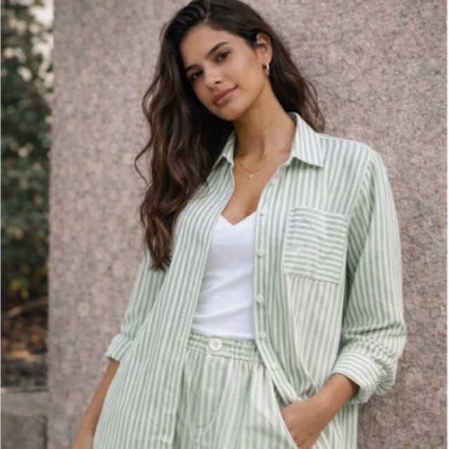 Conjunto LISTRADO 2 Peças Crepe Camisa manga longa e short casual Botão - Inverno Verão