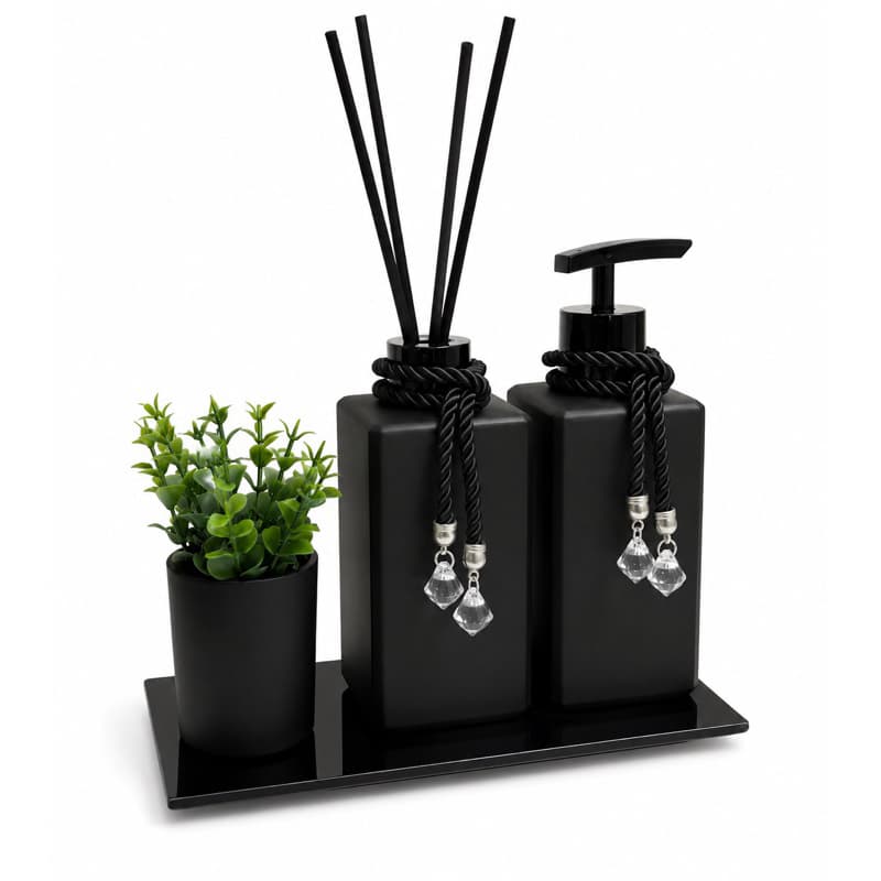 Kit Lavabo Banheiro c/ 4 Peças Luxo Moderno Bandeja Preto Fosco Vasinho