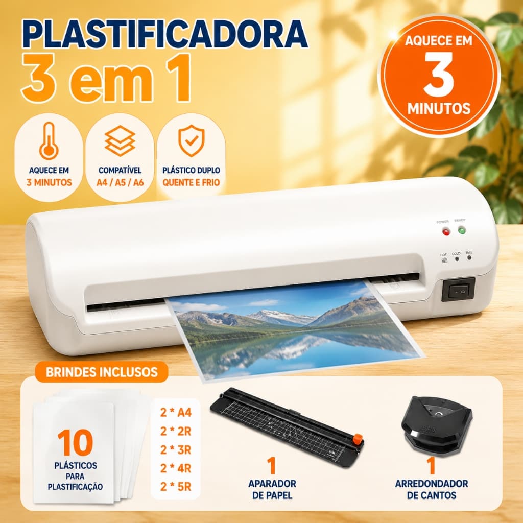 3 in 1 Plastificadora Laminadora A4/A5/A6, Aquecimento Rápido De 3 Minutos, 10 Bolsas De Plástico+Cortador