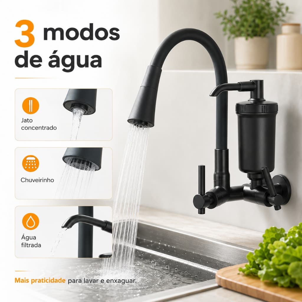 Torneira Preta Com Filtro Para Cozinha Torneira Flexivel de Parede CozinhaTorneira Gourmet Parede Filtro