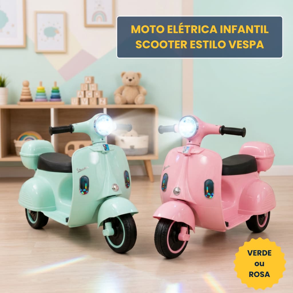 Moto Elétrica Infantil Scooter 6V Bateria Recarregável Farol LED Músicas Menino Menina Rosa Verde