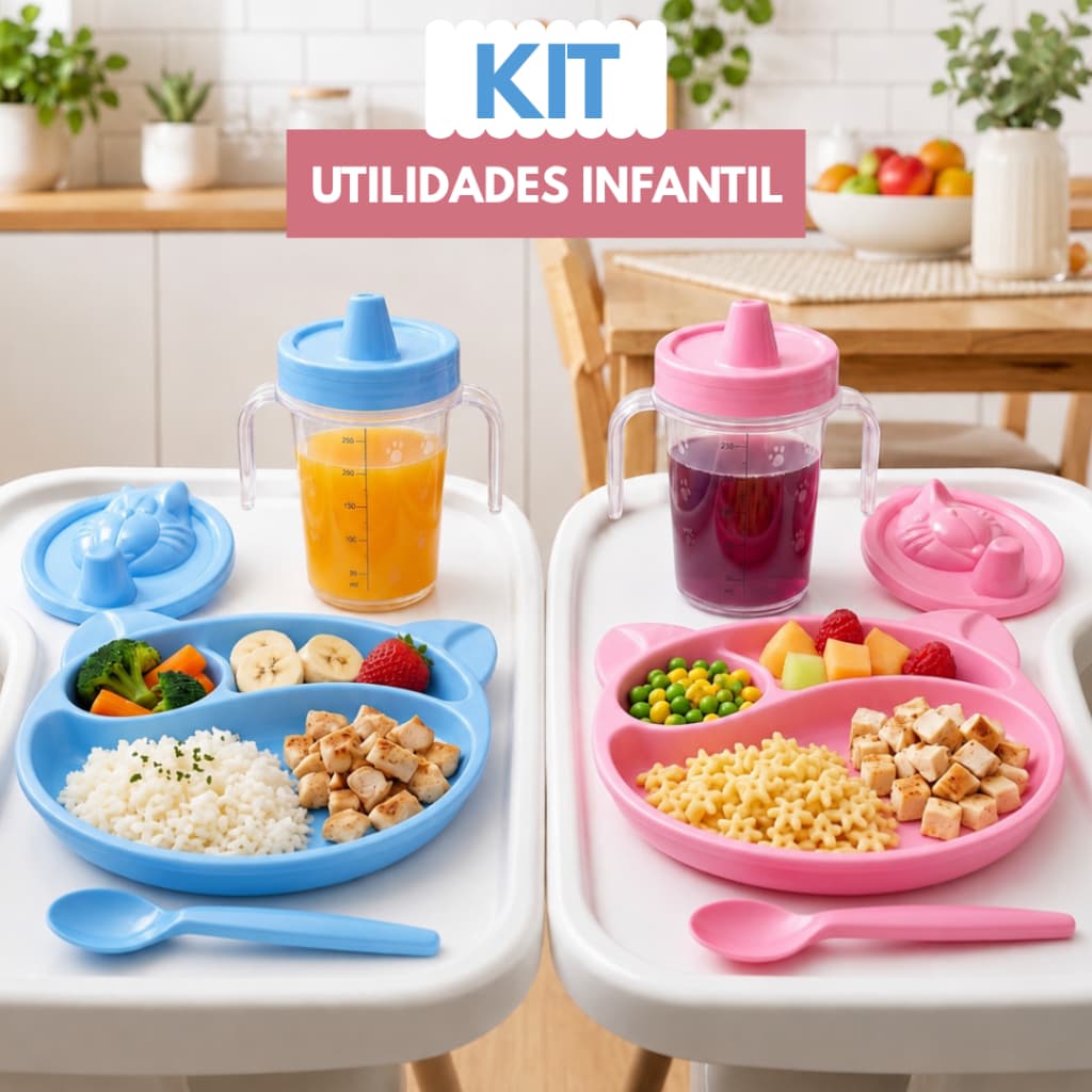 Kit Alimentação Infantil Completo Prato Divisórias Copo Antivazamento com Alças Colher Bebê