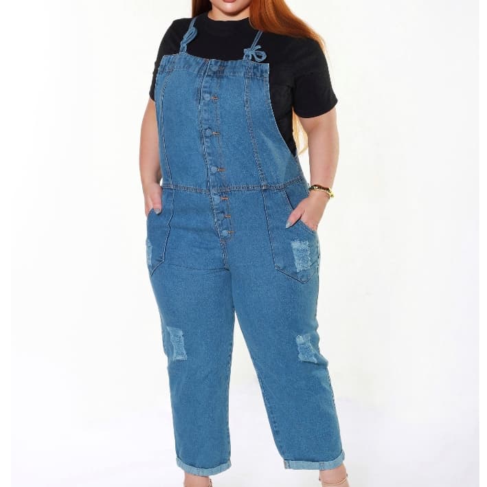 INFINITO MODA Macacão  feminina  PLUS SIZE Calça Jeans Rasgado Jardineira  jeans Feminina Comprido lançamento