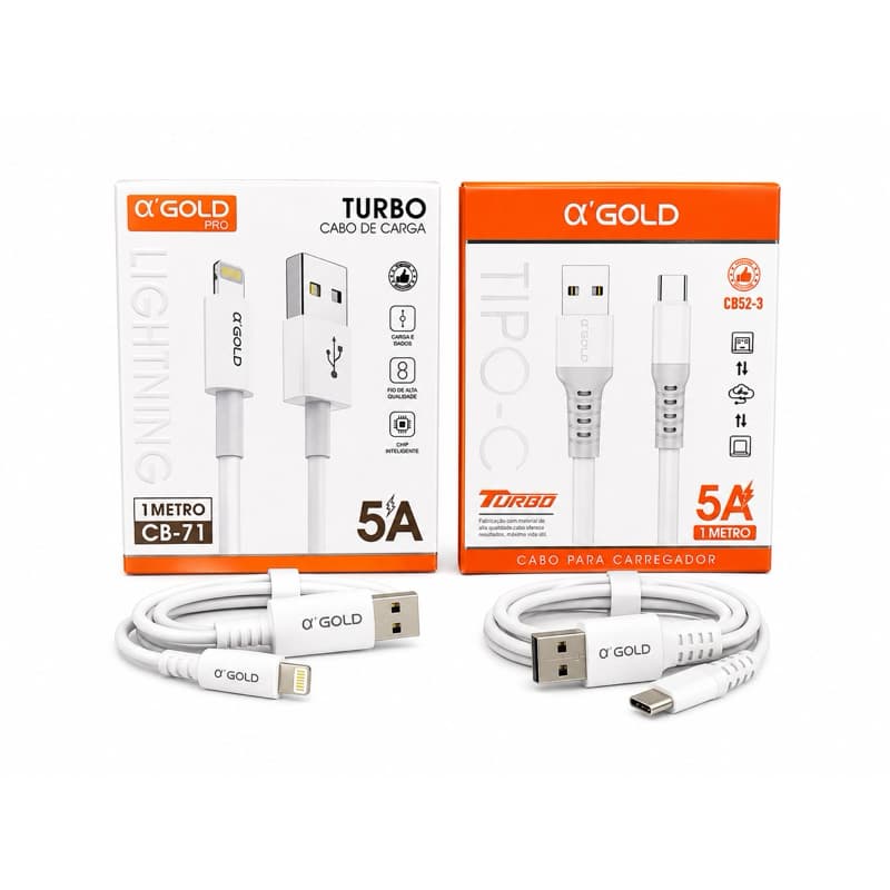 Cabo Carregador iPhone Lightning ou Tipo C Turbo 5A Carregamento Rápido 1 Metro Reforçado A’Gold Pro Qualidade Premium