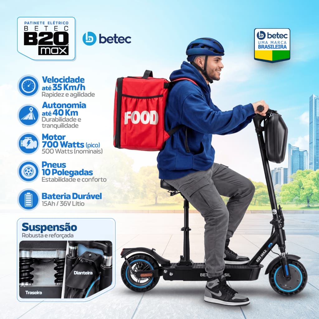 Patinete Elétrico Betec B20 MAX 40 Km 700W 35 Km/h 15Ah Assento Bolsa Suspensão App