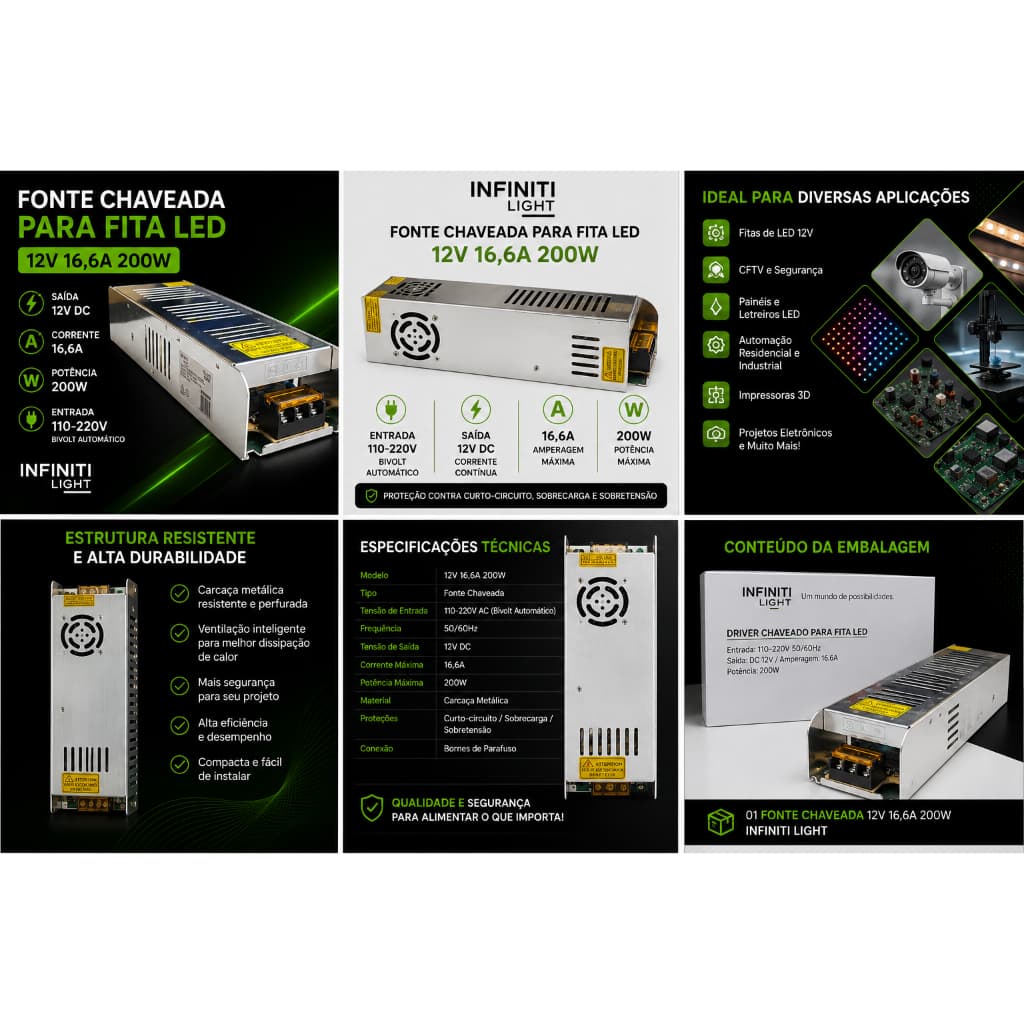 Fonte Chaveada 12V 16,6A 200W Bivolt Automática para Fita LED CFTV Painel LED Infinity Light
