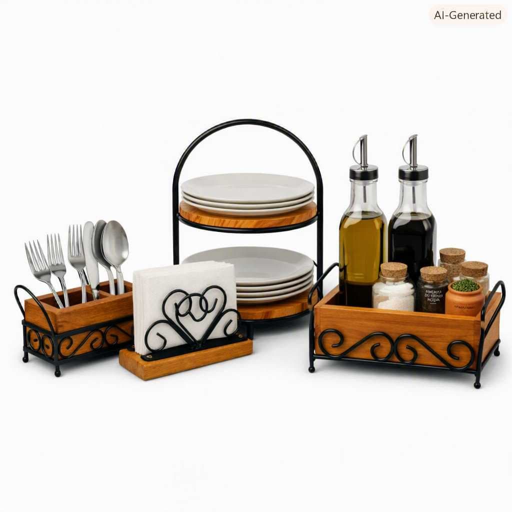 Organizador de Mesa Rústico Gourmet com Porta Pratos(Bolos e Doces), Porta Talheres, Porta Guardanapos e Porta Temperos