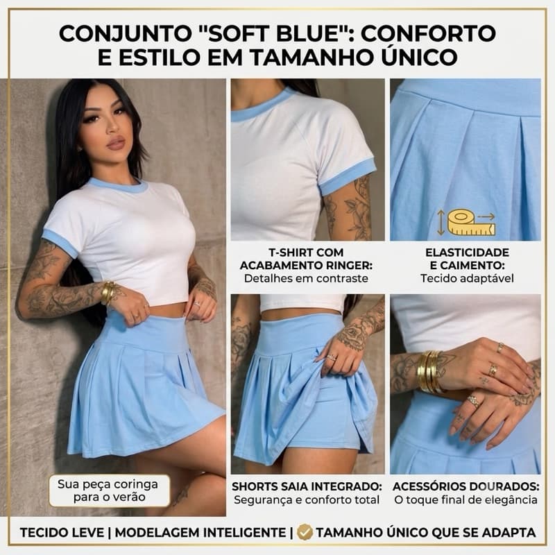 ⁠Conjunto Feminino Short Saia Plissada e Cropped Suplex Verão Moda Gringa⁠