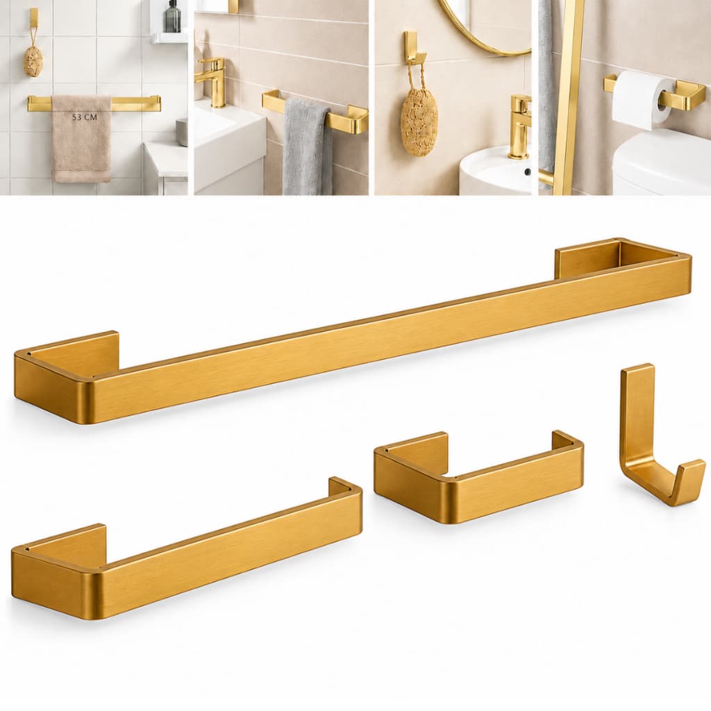 Kit Banheiro 4 Peças Acessórios Quadrado Dourado Brilhante Porta Toalha Papeleira Saboneteira Cabide