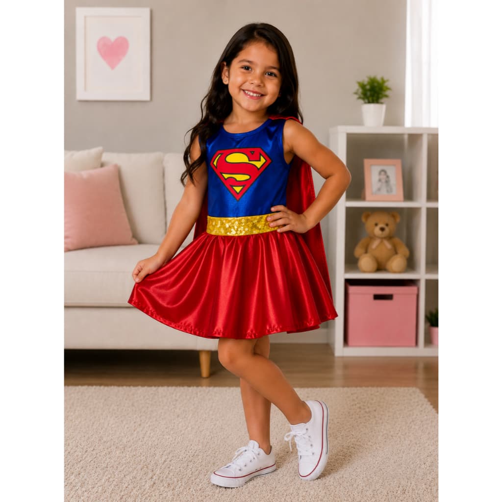 Fantasia Infantil Super Girl Super-Heroína  Roupa Vestido com Capa em Cetim e Detalhe em Glitter Girl Menina Feminina