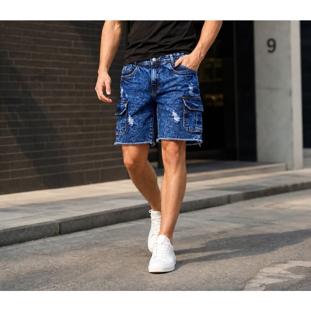 Bermuda Jogger Jeans Cinza Destroyed - Bermuda Masculina Rasgada Com Cordão