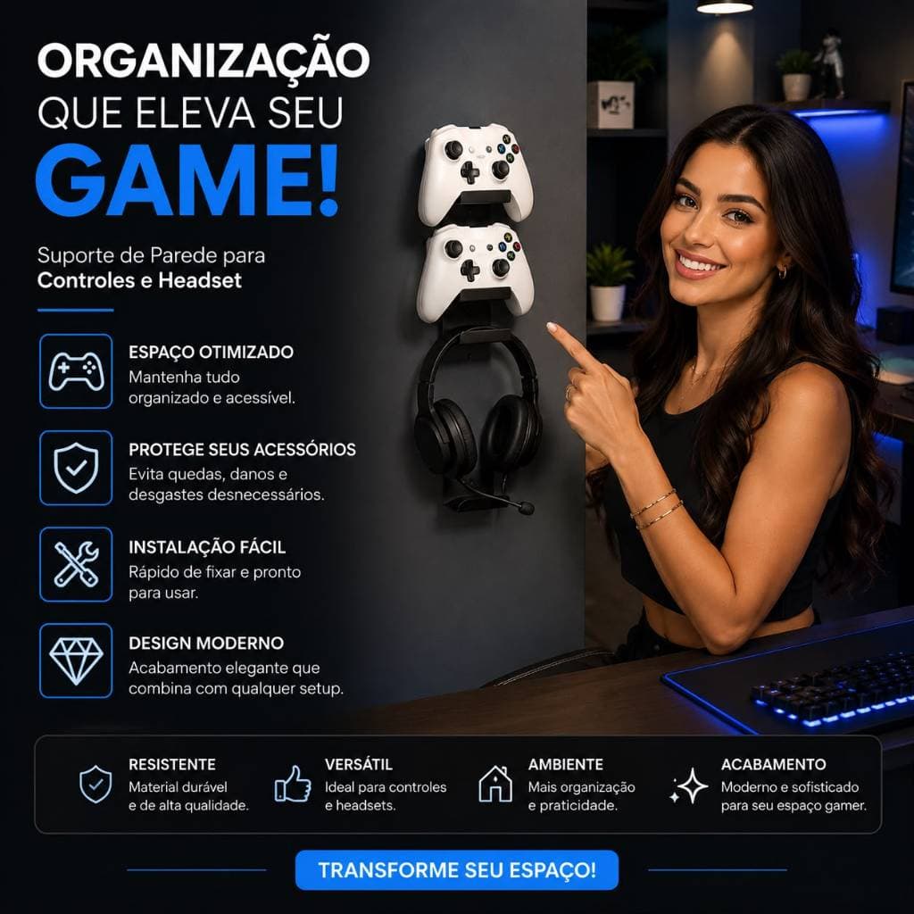 Suporte de Parede para Controle Gamer e Headset Organizador Setup Gamer