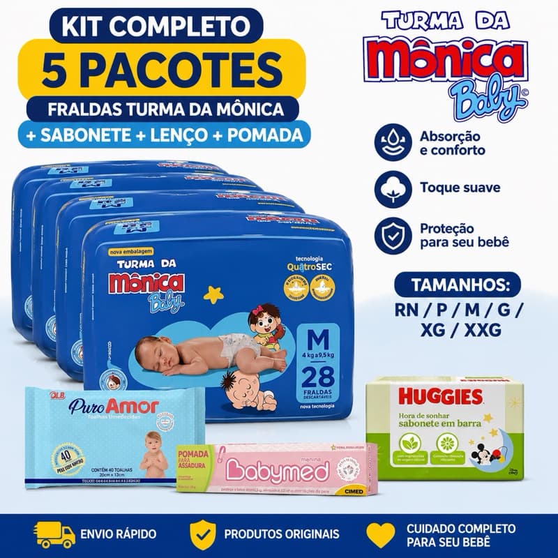 Kit Completo Chá de Bebê 5 Pacotes Fralda Descartável 2 Lenço Umedecido 1 Pomada 2 Sabonete Pompom
