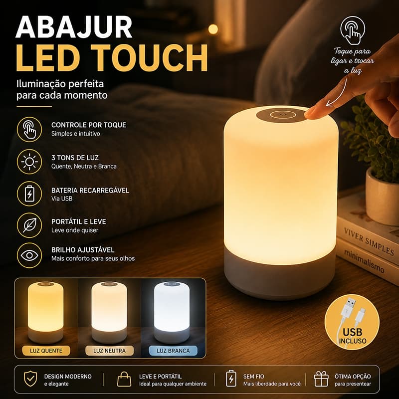 Abajur de Mesa LED Touch 3 Tons de Luz Recarregável USB para Quarto e Cabeceira