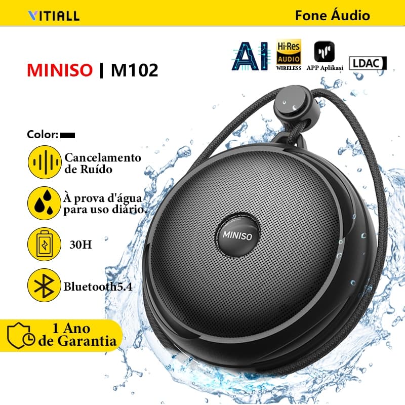 MINISO M102 Caixa de Som Portátil Bluetooth 5.4 à Prova d'Água (IPX7)–Som Surround 360° Bateria com 24 Horas de Duração