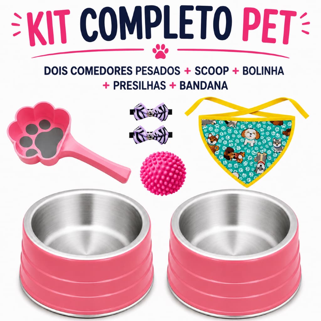 KIT COMEDOURO PET P ROSA 2 COMEDOURO PESADO BOLINHA PET SCOOP RAÇÃO PRESILHA BANDANA