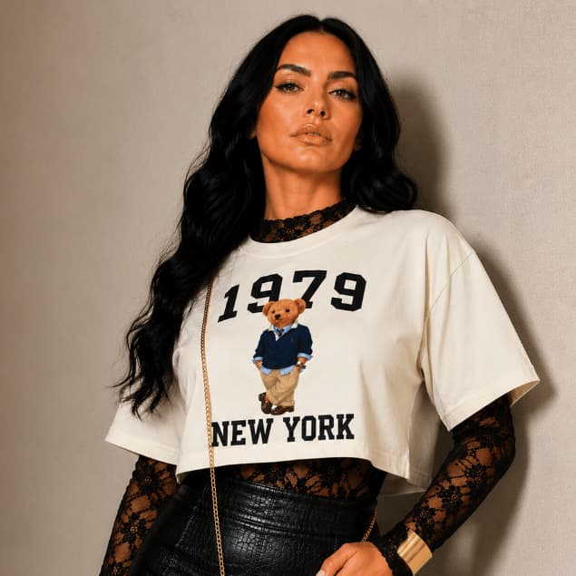 Croppeds Feminino Urso 100% Algodão Tendência Blogueira Moda Oversized Teddy New York 1979