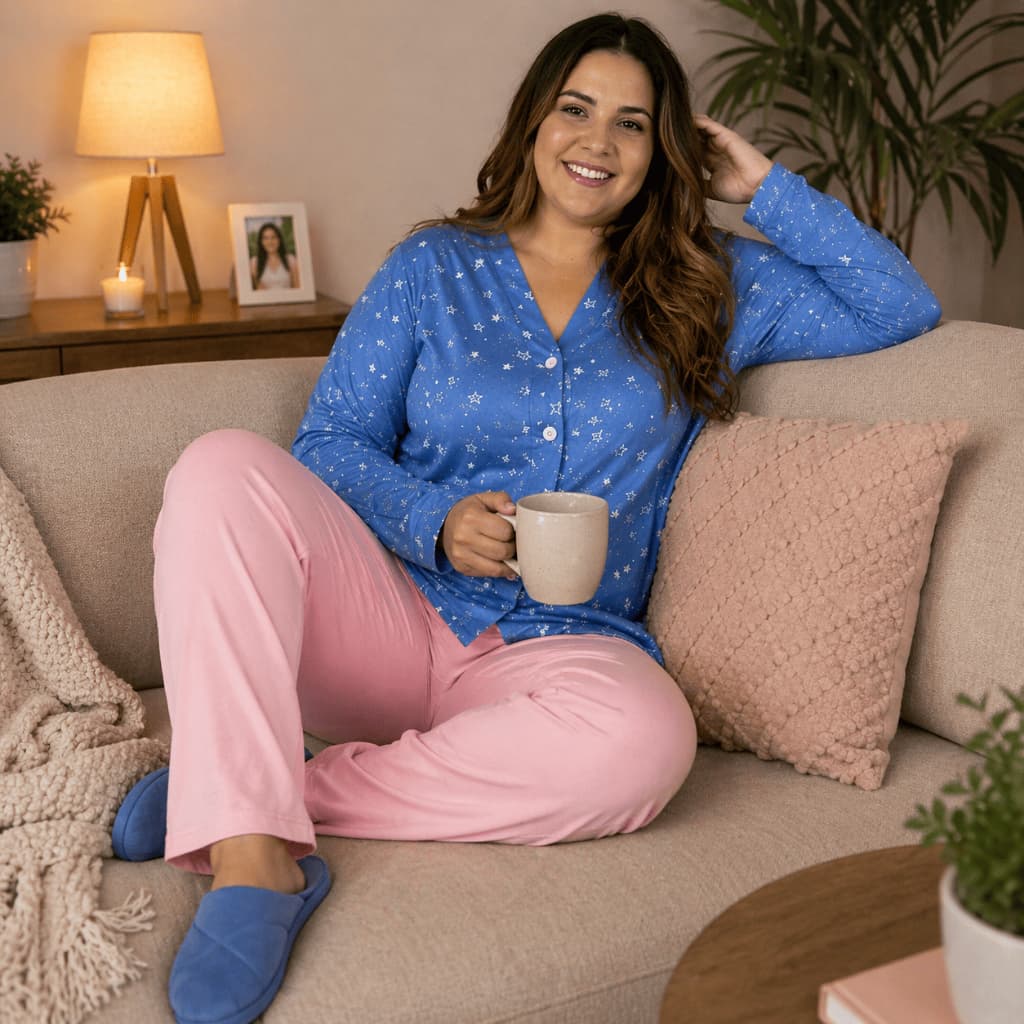 Pijama Feminino Americano Manga Longa com Botões Calça Comprida Estampado Confortável Inverno