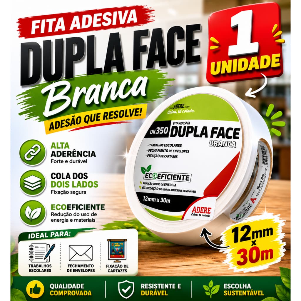 Fita Dupla Face Branca Adere 12mm x 30m