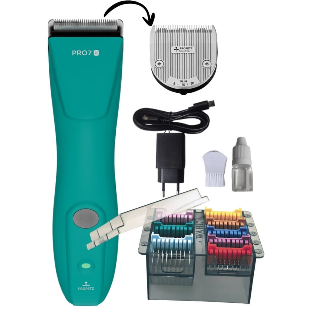 Combo máquina de tosa pro7 x sem fio com kit pentes adaptadores em aço pet shop banho e tosa