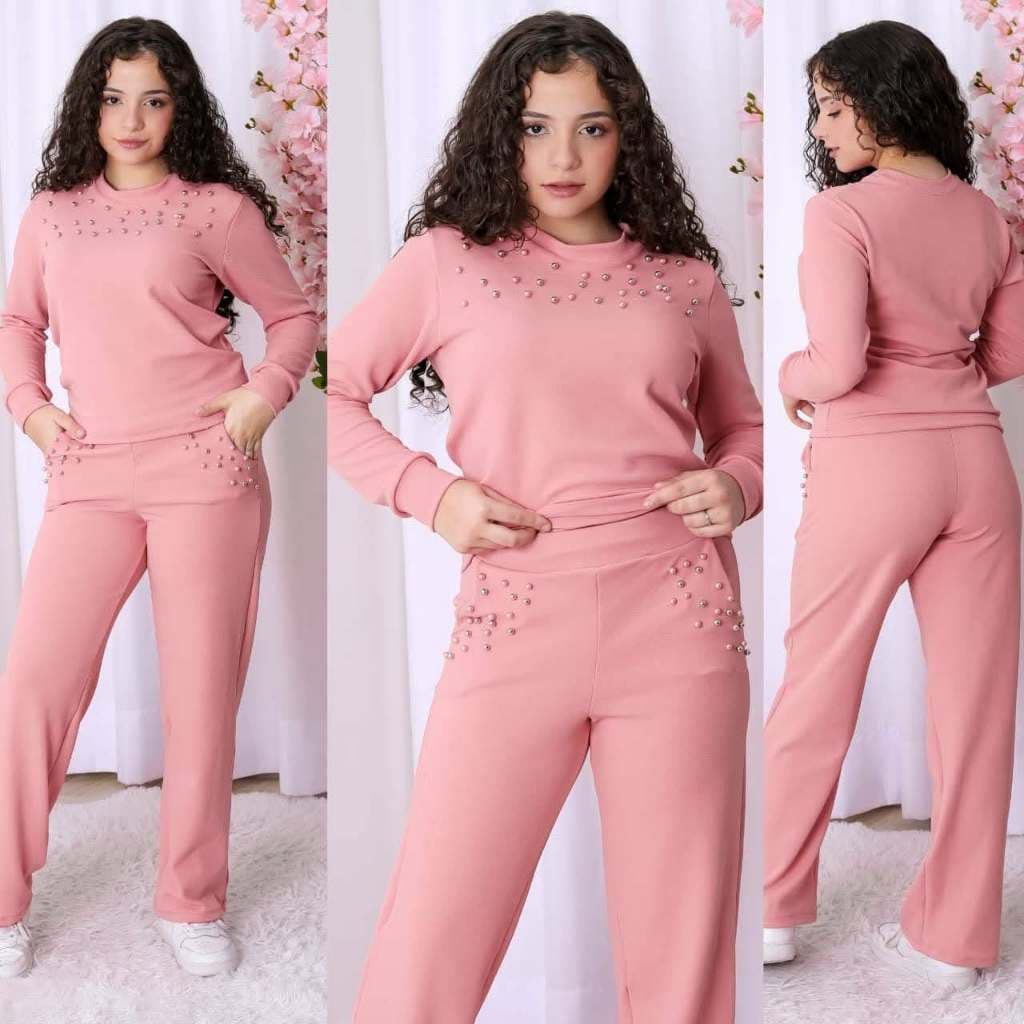 Conjunto Moletom Tecido Malha Crepe Infanto-juvenil Tendência Com Perolas Encrostadas