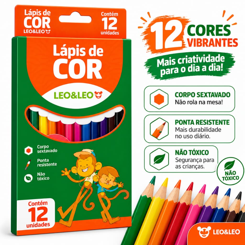 Lápis de Cor 12 Cores Escolar Leo&Leo Caixa com 12 Corpo Sextavado Não Tóxico