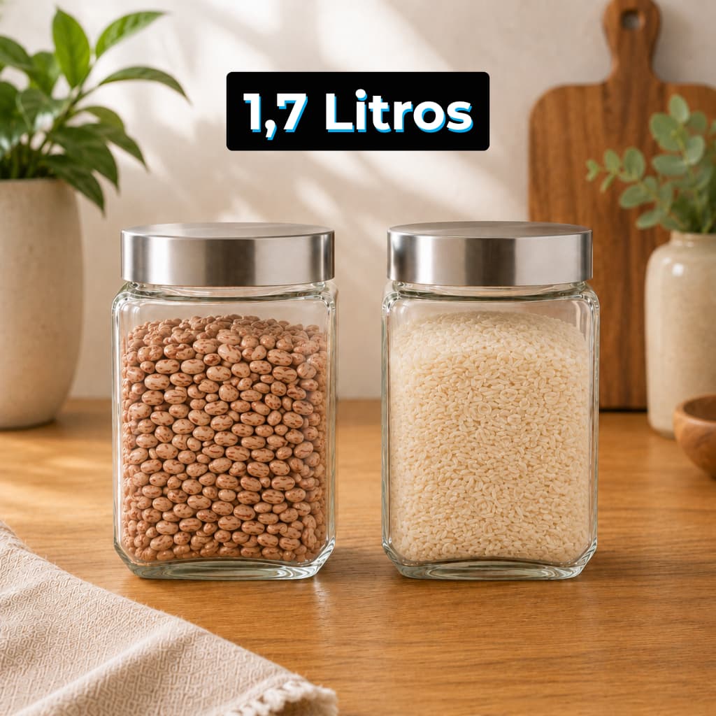 Kit 2 Potes De Vidro 1,7L Quadrado Com Tampa De Rosca Inox Resistente
