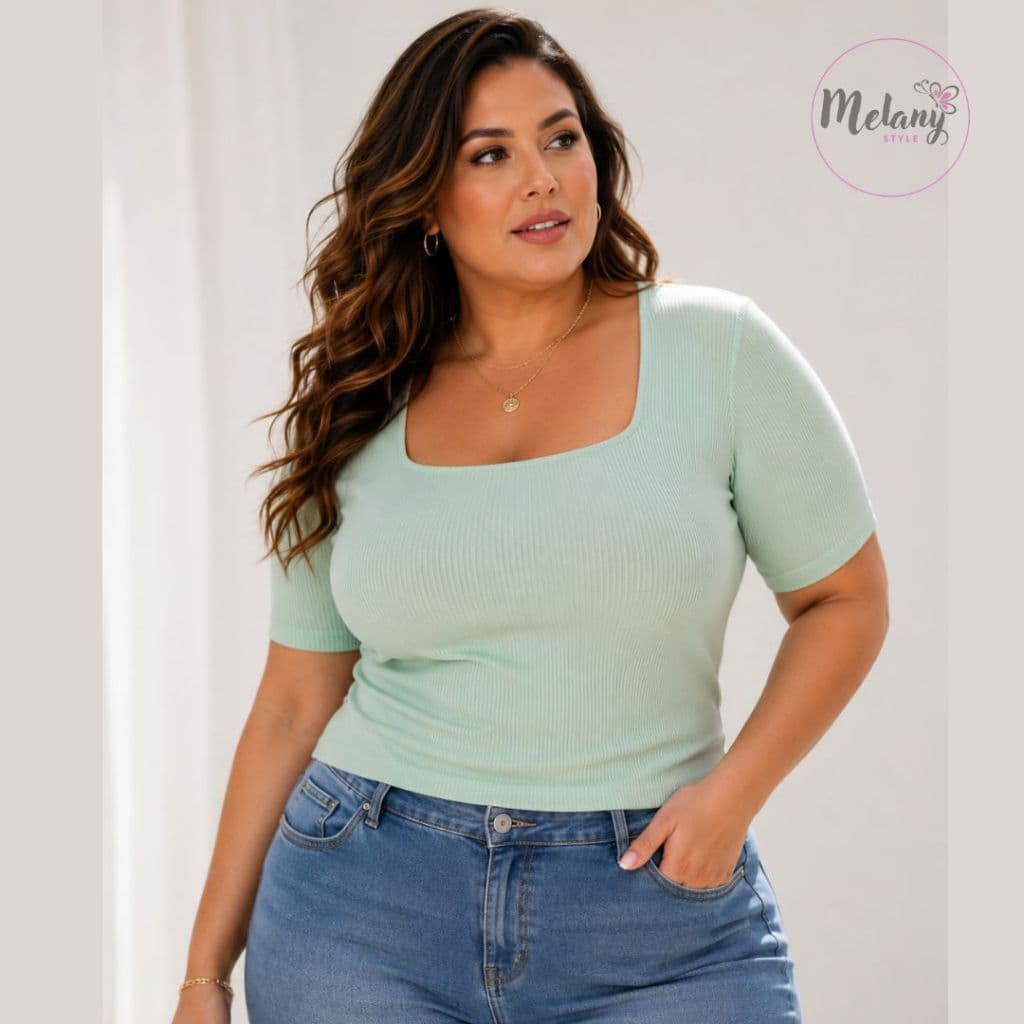 Blusa Ribana Plus Size Feminina Manga Curta Decote Quadrado G1 ao G3