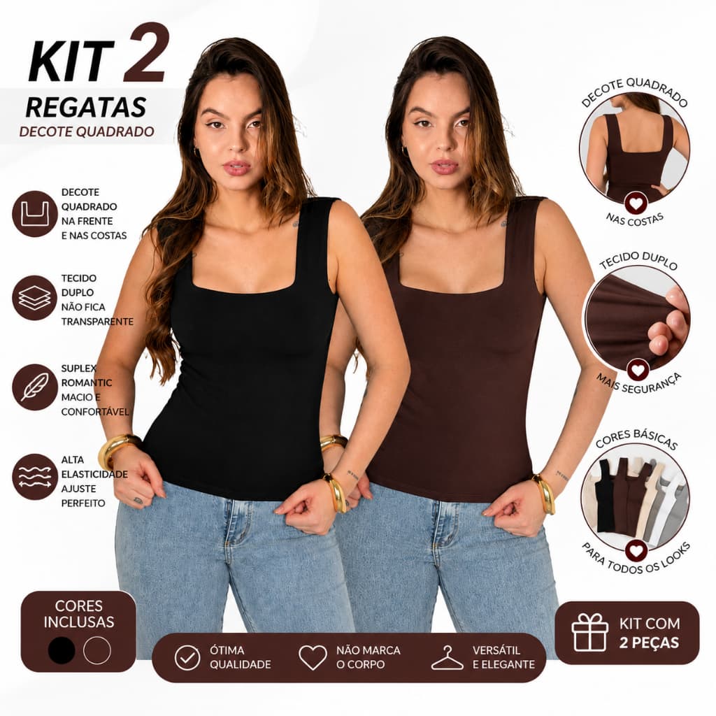 KIT 2 Regata Decote Quadrada Suplex Basica Blusinha Têndencia