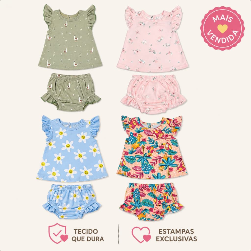 Conjunto Menina Bebê Regata e Shorts Tapa Fralda Verão