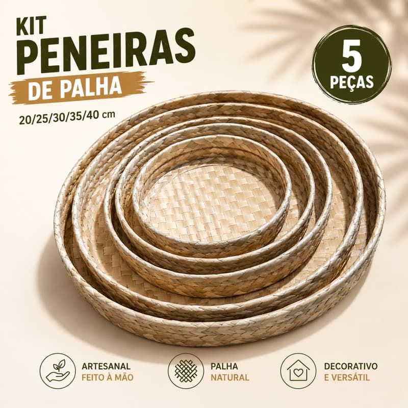 Kit 5 Peneiras de Palha Decorativas 20 25 30 35 40 cm Artesanal Natural