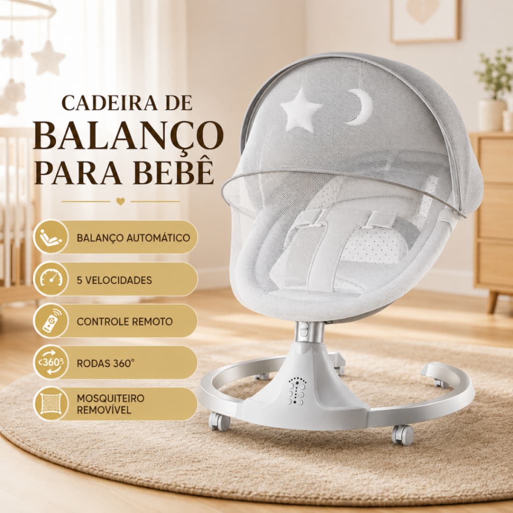 Cadeira de Balanço Elétrica para Bebê com Controle Remoto, 5 Velocidades, Mosquiteiro e Rodas 360°
