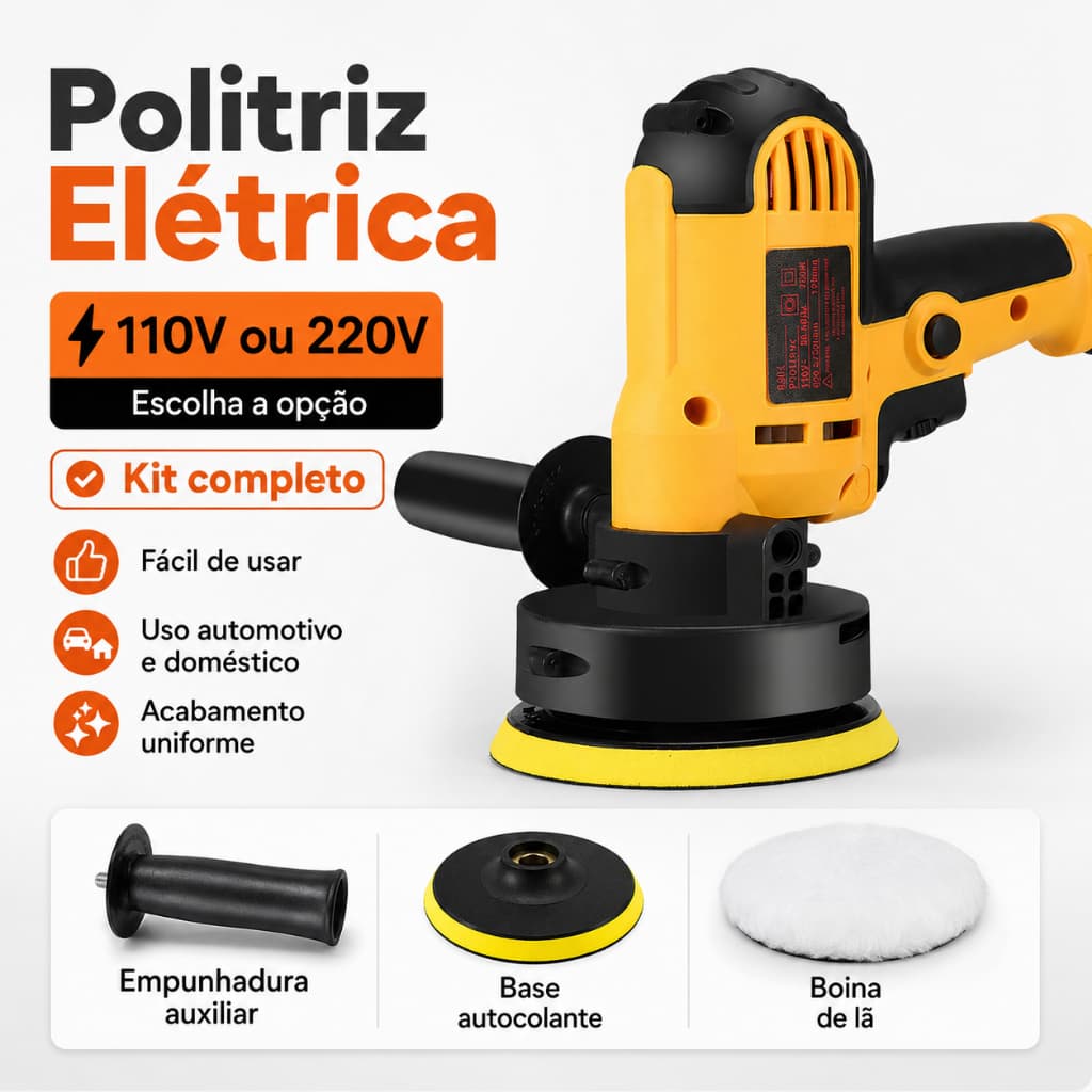 Politriz Elétrica Automotiva 110V/220V, velocidade variável, kit completo para polimento automotivo e limpeza doméstica