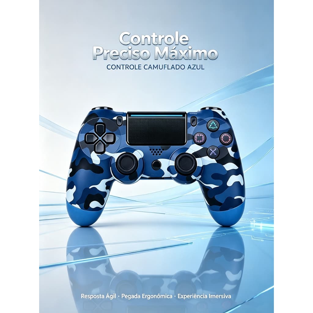 Controle sem fio com design camuflado para PS4, acompanhado de cabo de carregamento
