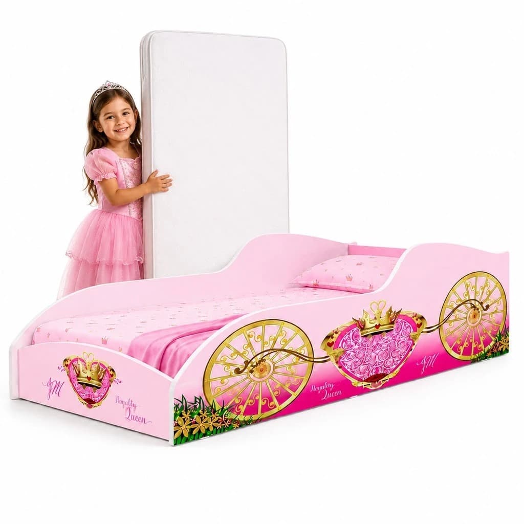 Cama Infantil Princesa Carruagem MDF com Colchão Incluso 150x70 Menina Juvenil Grade de Proteção