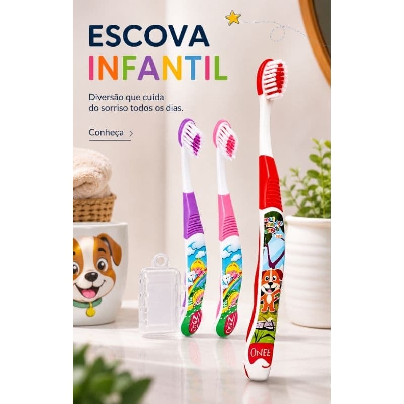 Escova de Dente Infantil Macia com Capa Protetora Personagens Fada e Cachorrinho | Cabo Emborrachado 02 a 05 anos