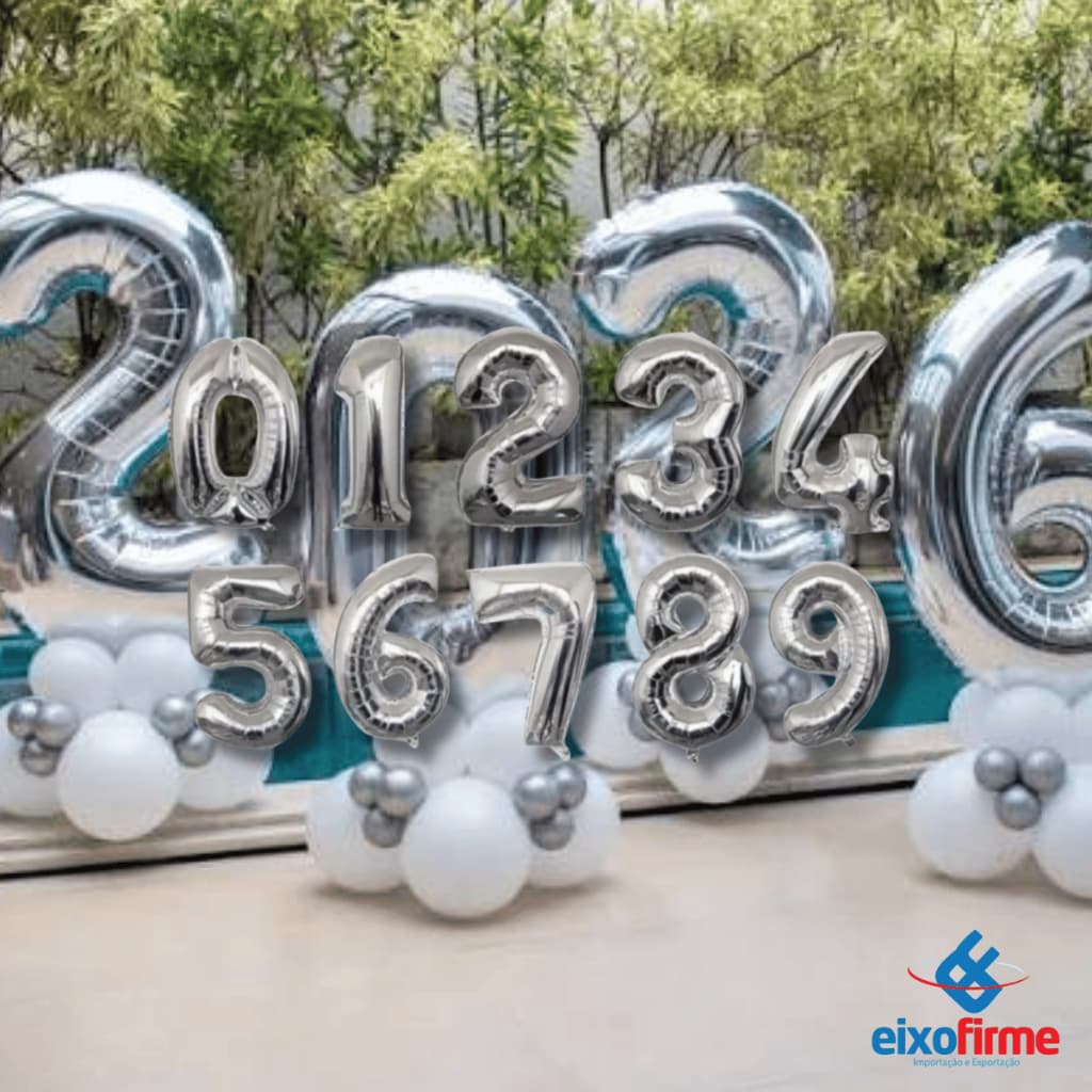 Kit 2 Unidades Balão Bexiga Metalizado 32 Pol Número 80 CM Grande Aniversário Festas Decorações Prata Eixofirme