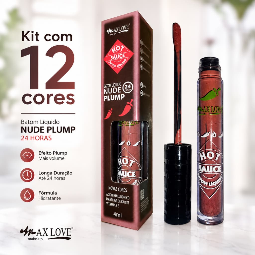 Kit com 12 Batom Líquido Nude Plump Hot Sauce Efeito Lábios Volumosos Max Love