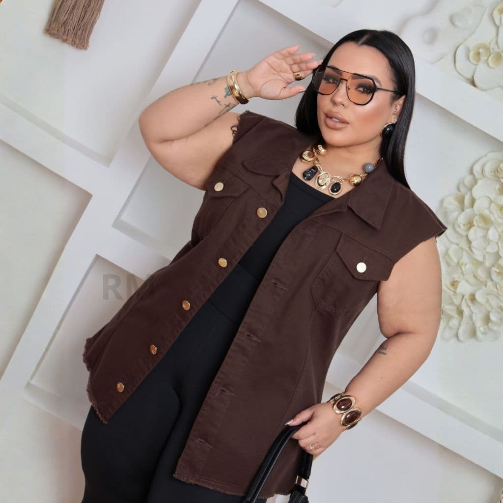 Max Colete Jeans Feminino Longo Plus Size Tamanhos Grandes 100% Jeans Barra Desfiada Qualidade E Conforto