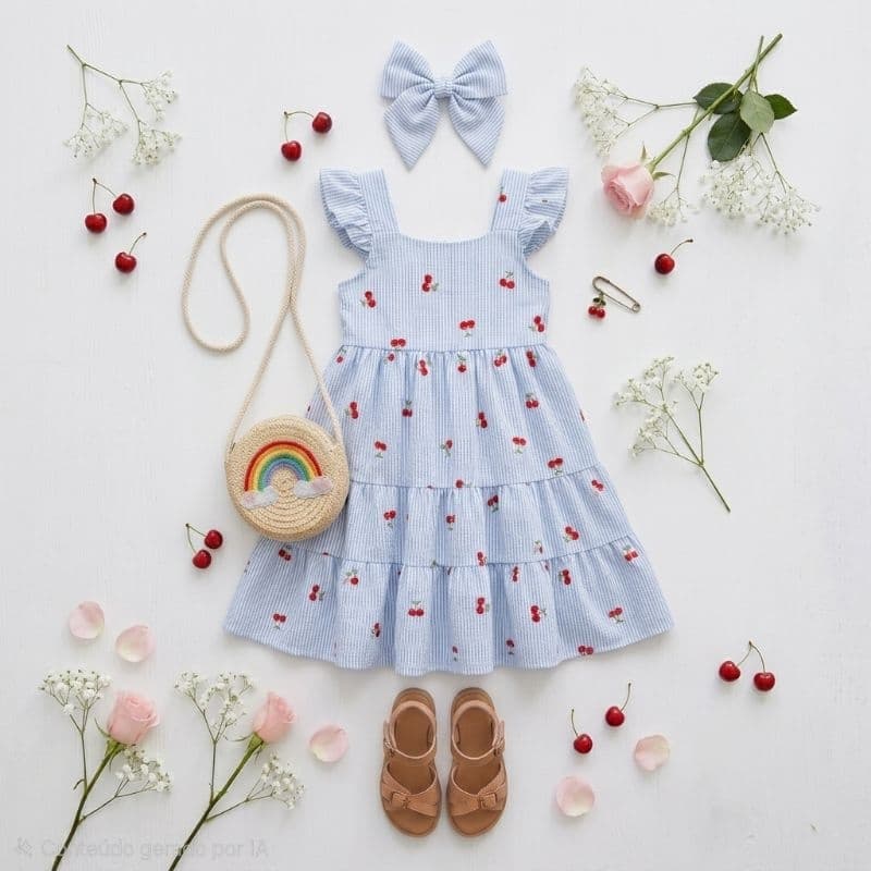 Vestido Infantil Menina Casual Festas Verão Floral e Cerejinha Blogueirinha - Tamanho 2 ao 10 Envio imediato
