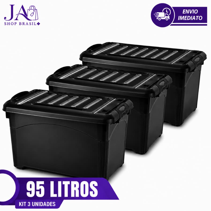 Kit 03 Caixas Organizadoras Preta 95 Litros Plástico Durável Resistente Com Rodinhas e Travas Para Transporte