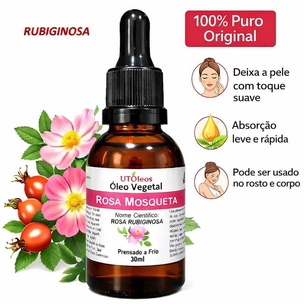 rosa mosqueta 100% puro 30ml Frasco Âmbar Rosa Rubiginosa Face Corpo Cabelos e Unhas