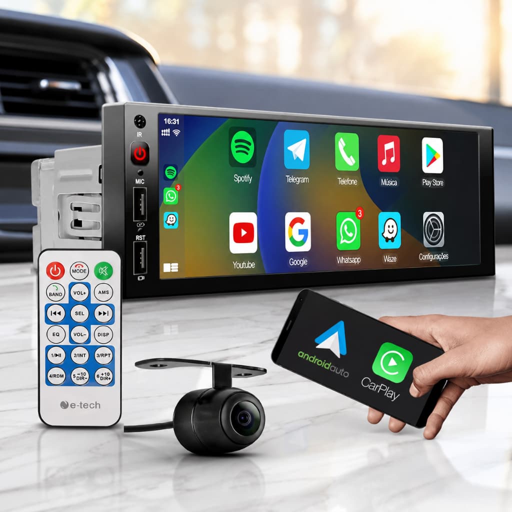 Multimídia 1 Din 6 Para Carro Android Auto Apple Carplay Sem FioeE Câmera De Ré