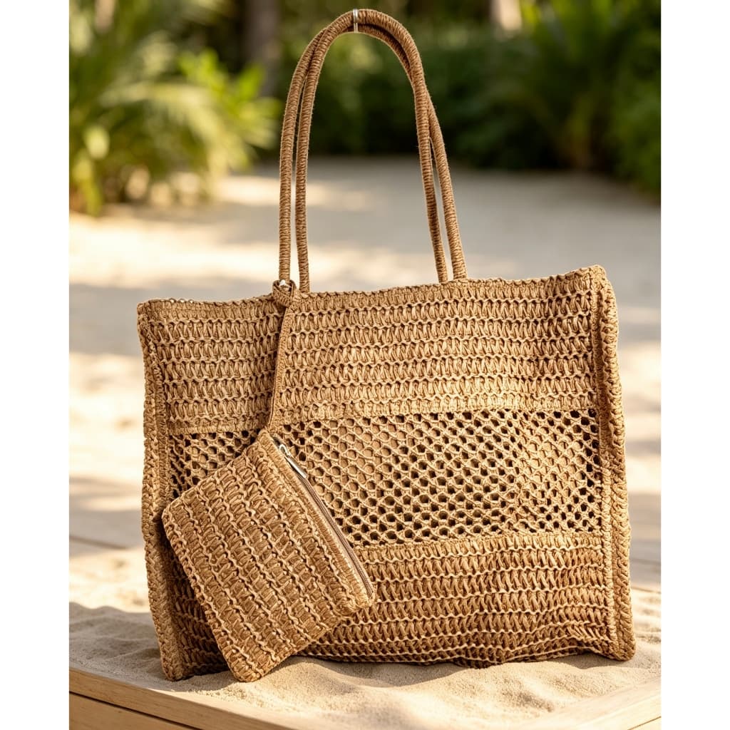 Bolsa Tote de Palha Conjunto com Mini Bolsa, Estilo Praia