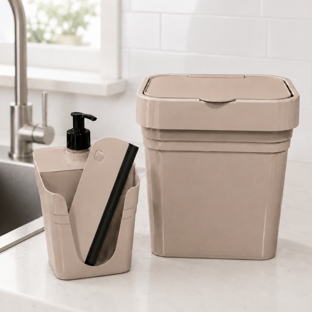 Kit Pia Cozinha Luxo Completo Dispenser de Detergente com Porta Bucha + Rodinho + Lixeira