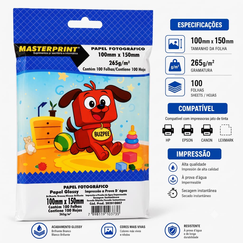 Papel Fotográfico 10x15cm (100 x 150 mm) 265g Glossy Brilhante 100 Folhas Masterprint