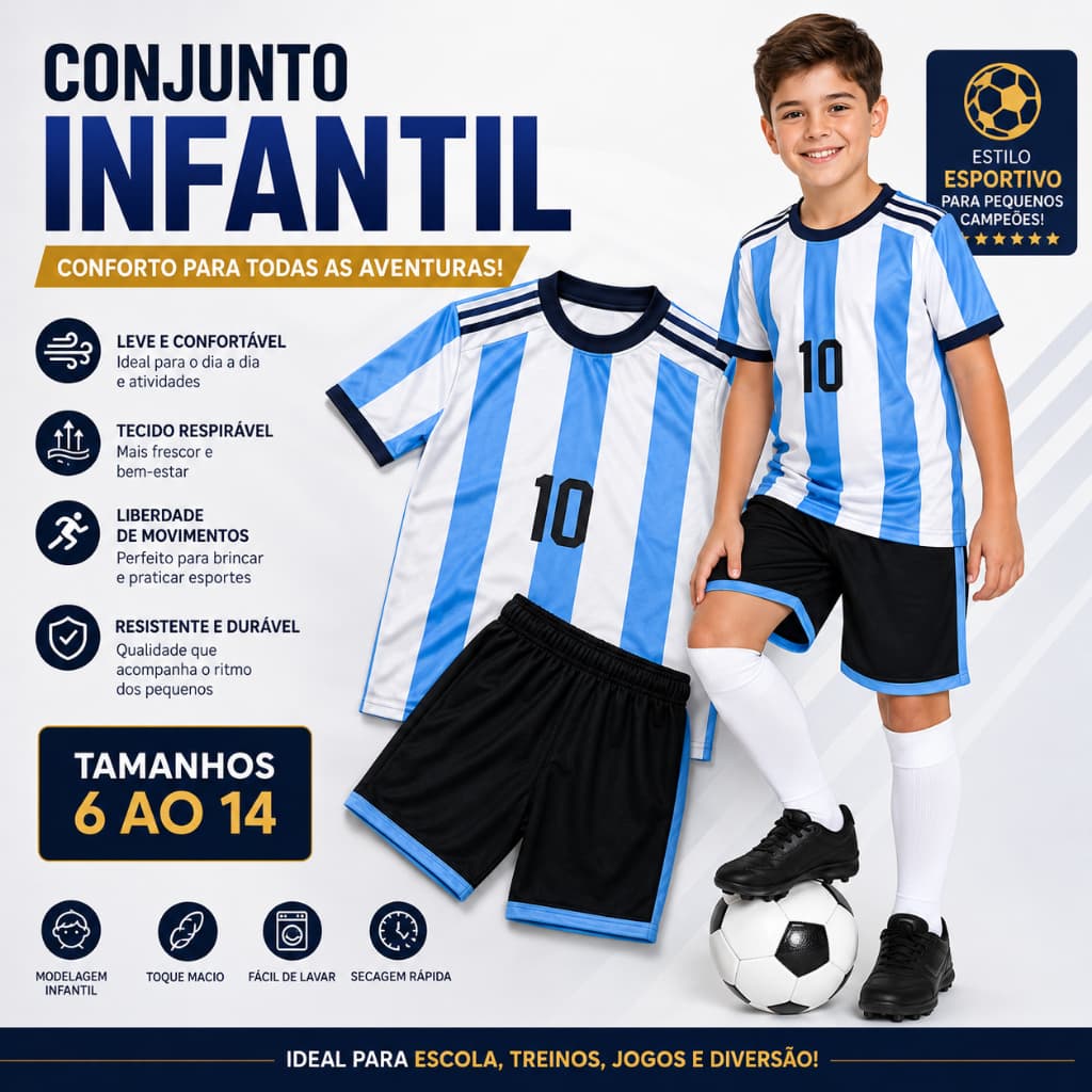 Conjunto Infantil Futebol Camisa e Shorts Esportivo Poliéster Tamanhos 6 ao 14 - Envio Imediato !!!