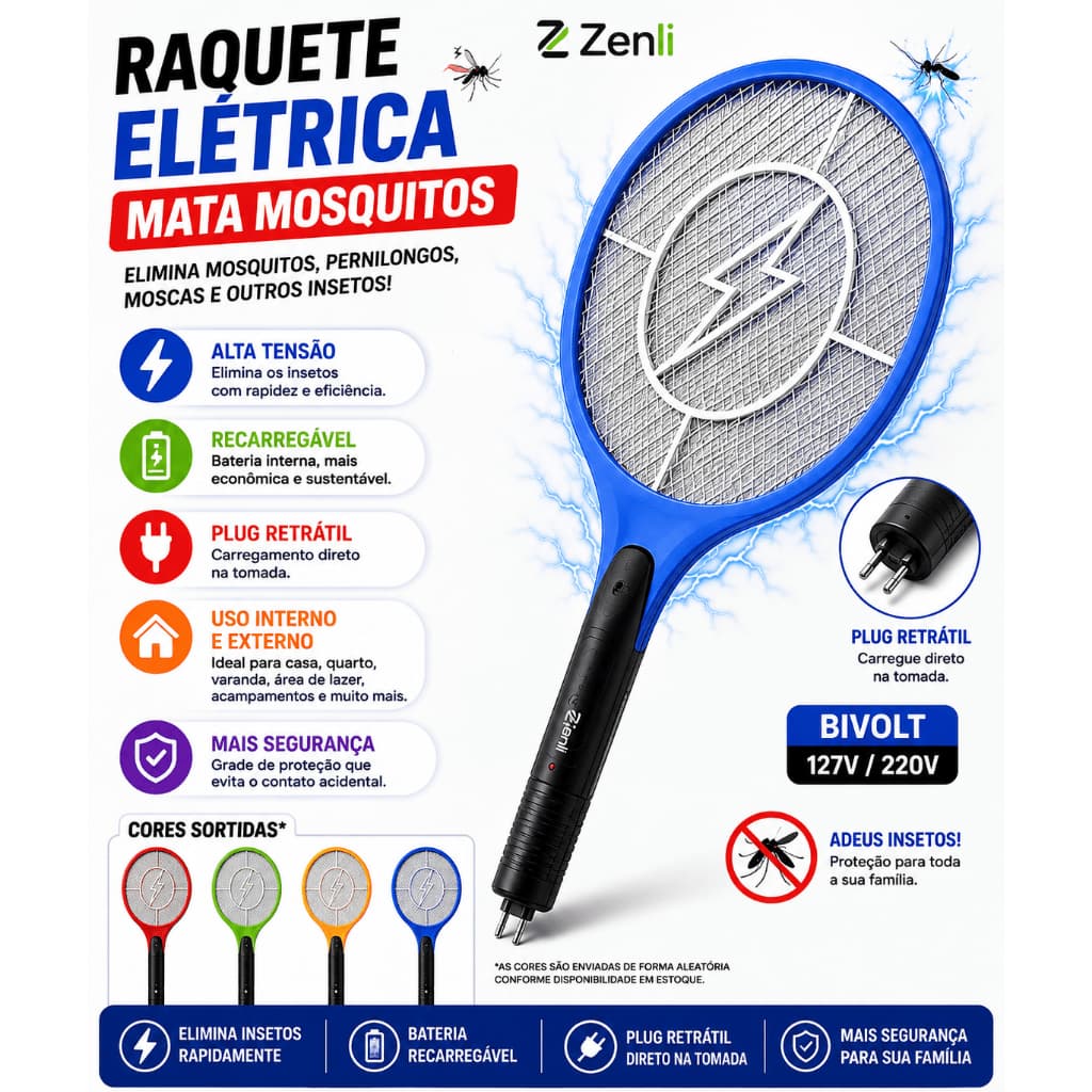 Raquete Mata Mosquito Recarregável USB Mata Pernilongo Moscas Insetos Elétrica Bivolt Alta Tensão Zenli